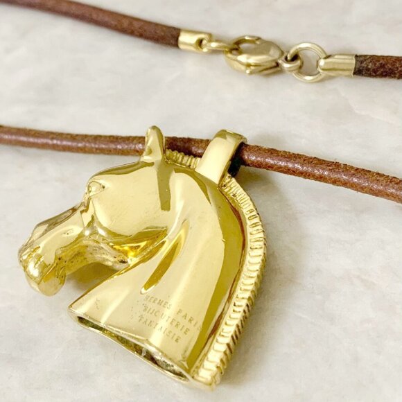 HERMES Cheval Horse Leather Necklace 24" Gold Tone Auth w/Box #96875 - Picture 4 of 4